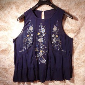 Navy blue floral embroidered sleeveless peasant blouse XL